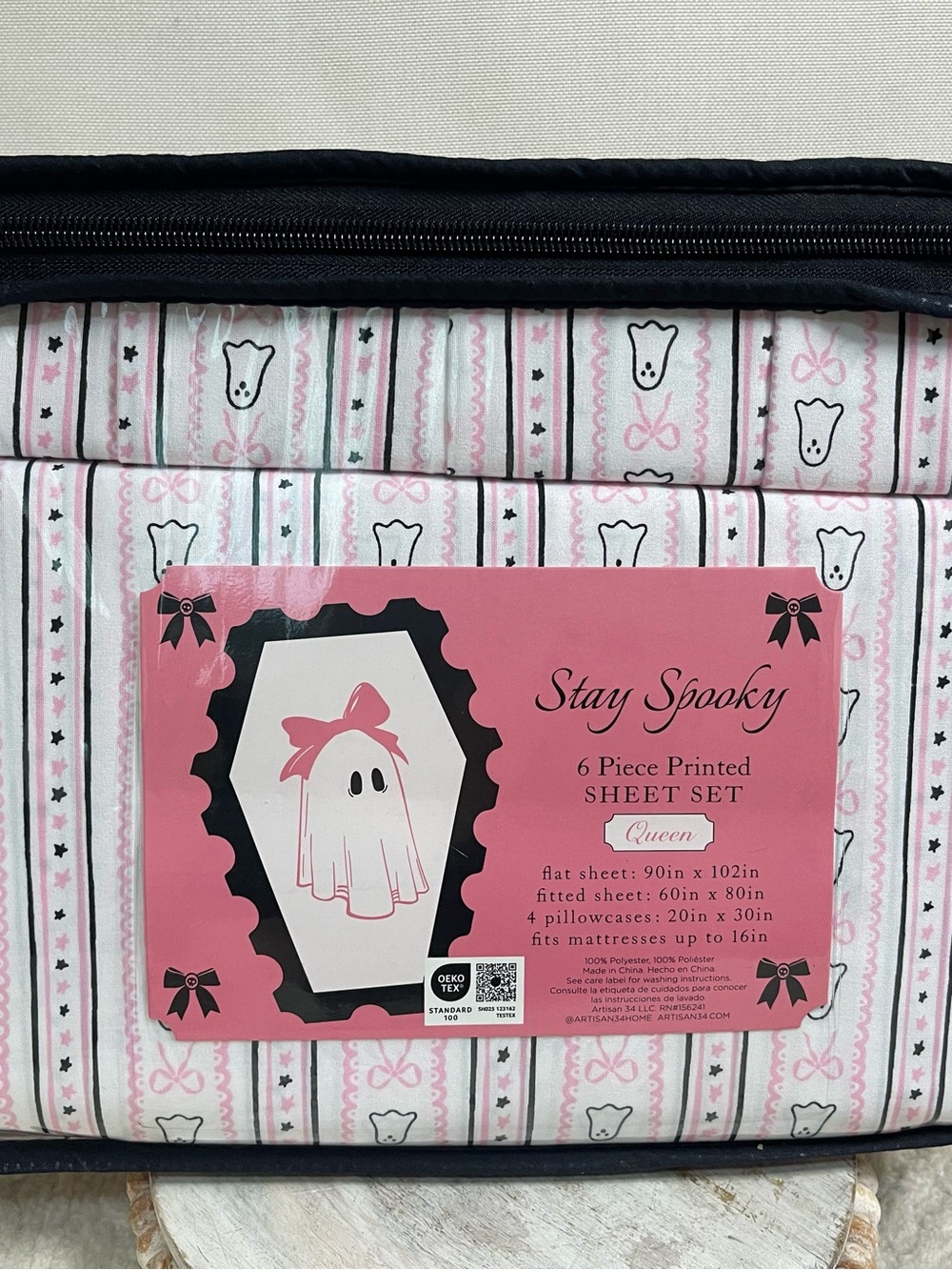 Stay Spooky Pink Ghost 6-Piece Queen Sheet Set pink bow Halloween viral TikTok
